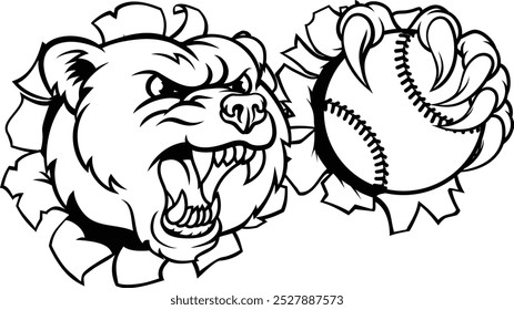 A grizzly bear softball or baseball animal mascot holding a ball in his claw