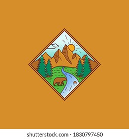 oso pardo al lado del río mono de línea ilustración vectorial con color editable