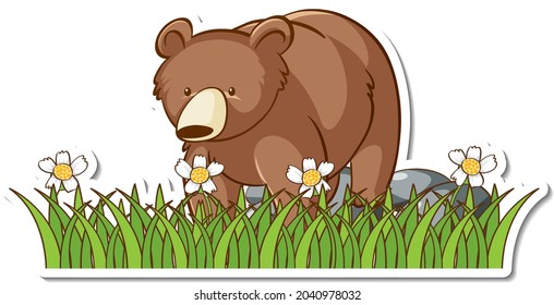 Grizzly bear standing in a grass field sticker illustration