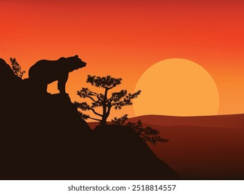 grizzly bear standing on high cliff at sunset - horizontal vector silhouette view of copy space dramatic wilderness scene with wild animal