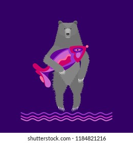Grizzly bear stands on two legs and holds a big fish.