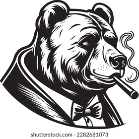 Grizzly Bear In A Suit Smoking A Cigar Logo Monochrome Design Style