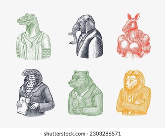 Grizzly Bear, t-rex dinosaur, Lion businessman, Elephant gentleman, Indian cobra snake. Gentleman Fashion animal character in a suit. Hand drawn sketch.