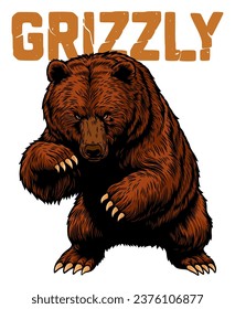 Grizzly bear vector illustration. Illustration of angry grizzly bear in detailed hand drawing style. Grizzly attack