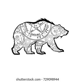 Grizzly bear. Vector illustration, isolated on white background. A totemic animal with abstract occult ornaments. Magical folk tattoo