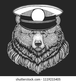 Grizzly bear Vector print for children. Capitan, pirate animal. Brave sailor. Design for kindergarten, school kids clothing, t-shirts.