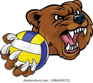 A grizzly bear volleyball animal sports mascot holding a volley ball in his claw