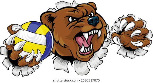 A grizzly bear volleyball animal sports mascot holding a volley ball in his claw