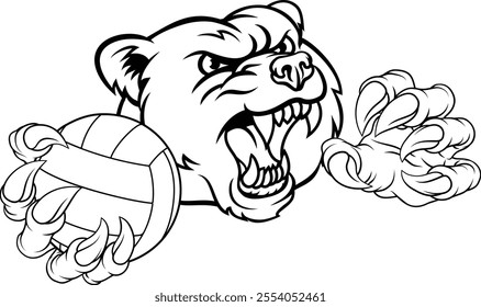 A grizzly bear volleyball animal sports mascot holding a volley ball in his claw