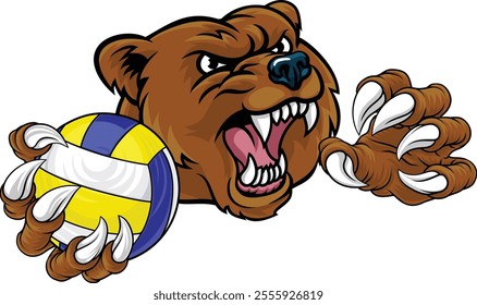 A grizzly bear volleyball animal sports mascot holding a volley ball in his claw