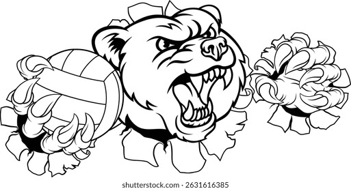 A grizzly bear volleyball animal sports mascot holding a volley ball in his claw