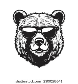 grizzly bear wearing sunglasses  vintage logo line art concept black   white color  hand drawn illustration