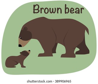 Grizzly bear whith child. Vector illustration. Two bear on green background.