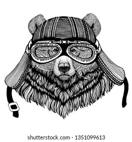 Grizzly bear Wild biker animal wearing motorcycle helmet. Hand drawn image for tattoo, emblem, badge, logo, patch, t-shirt.