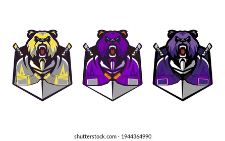 Grizzly Bear wild head esport logo mascot template vector illustration isolated white background  Trendy colors 2021 grey   yellow  purple  Place for text  Opened mouth  Easy to change  Eps10
