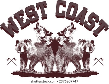 GRIZZLY BEAR AND WOLF ROARING WITH AXE AND TYPOGRAPHY WEST COAST GRAPHIC DESIGN VECTOR ILLUSTRATION