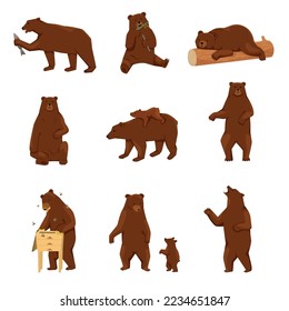 Grizzly bears flat icon set with isolated views of walking bears with cub fish and beehive vector illustration