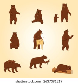 Grizzly bears flat icon set with isolated views of walking bears with cub fish and beehive vector illustration
