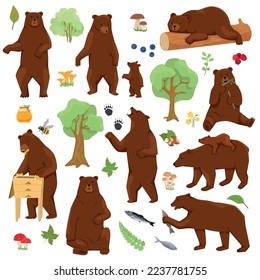 Grizzly bears flat set with isolated images of forest and cartoon style bears behaving like humans vector illustration