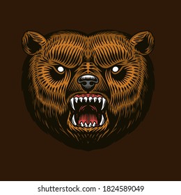 Grizzly brown bear. Screaming mad animal for tattoo or label. Roaring beast. Engraved hand drawn line art Vintage old monochrome sketch. Vector illustration.