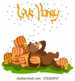 Grizzly Lazy Brown Bear,  like eating honey from the pot. Laying on the grass. Bees are flying around words Love Honey. Vector illustration  