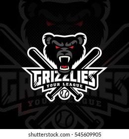 Grizzly mascot for a baseball team on a dark background. Vector illustration.