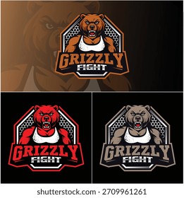 Design de logotipo de mascote grizzly. Logotipo vetorial do lutador de artes marciais mistas. Campeão de combate