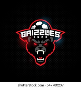 Grizzly mascot for a soccer team on a dark background with hotspots. Vector illustration.