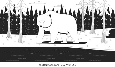 Grizzly polar bear standing by forest lake line illustration. Wild animal in pine woods near water river. Wildlife woodland mammal 2D ink linear character monochrome. Flat outline vector image