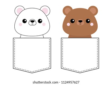 Grizzly white bear set. Head face sitting in the pocket. Pink cheeks. Doodle linear sketch. Cute cartoon character. T-shirt design. Dash line. Pet animal. Baby background. Flat Vector illustration