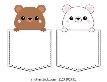 Grizzly white bear set. Head face in the pocket. Pink cheeks. Holding paw hands. Doodle linear sketch. Cute cartoon character. T-shirt design. Dash line. Pet animal. Baby background. Flat Vector