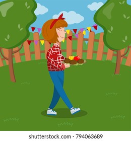 Grl holding plate with grilled meat and vegetables, bbq party on the backyard colorful vector Illustration