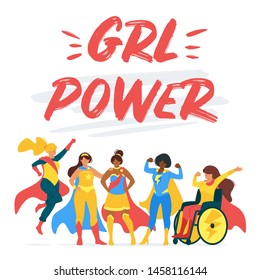 Grl power flat vector banner with inspirational phrase. Female superheroes, equality in feminist community cartoon character concept. Superwomen, strong and independent, empowered girls