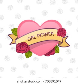 GRL power (Girl power). Feminism sign. Vector. Pink heart with flowers and ribbon.