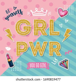 GRL PWR card. Cute illustration for typography for greeting card, party invitation.