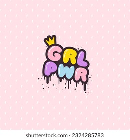 GRL PWR - letras de frases cortas en un lindo estilo retro de graffiti. Letras dibujadas a mano con burbujas con trazo negro y rachas de pintura salpicadas en fondo de patrón pastel