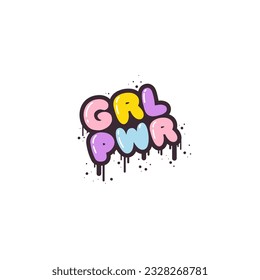 GRL PWR - lettering short slogan quote in cute retro graffiti style. Bubble hand drawn letters with black stroke and streaks of paint splashes. Vector isolate on white background