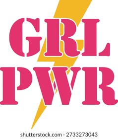 GRL PWR lightning typography design vector illustration for girl power feminism female strength and rights activism on transparent background.