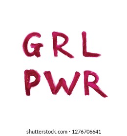 GRL PWR motivational phrase of a feministic movement. Handwritten with a red lipstick. Grunge texture, vector illustration. For social media post, greeting card, t-shirt or design element