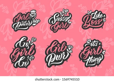 Grl pwr phrases. Girl power calligraphy bundle. Feminist quotes stickers isolated on pink background. Feminism slogan handwritten lettering creative bundle. Strong woman fashion handlettered slogans. 