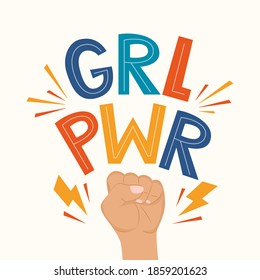 GRL PWR quote. Girl Power cute hand drawing motivation lettering phrase for t-shirts, poster, clothing, stick on laptop, phone, wall. Feminism slogan with lightning bolt symbol. Vector illustration