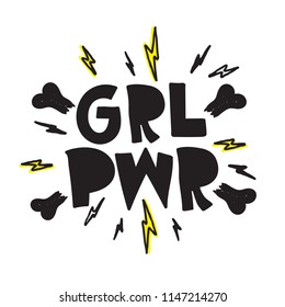 GRL PWR short quote. Girl Power cute hand drawing illustration for print, brochure, greeting card, bag, clothing. To stick on laptop, phone, wall. Modern motivational text, feminist tattoo trend