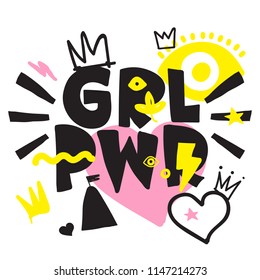 GRL PWR short quote. Girl Power cute hand drawing illustration for print, brochure, greeting card, bag, clothing. To stick on laptop, phone, wall. Modern motivational text, feminist tattoo trend