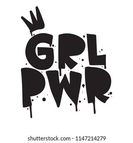 GRL PWR short quote. Girl Power cute hand drawing illustration for print, brochure, greeting card, bag, clothing. To stick on laptop, phone, wall. Modern motivational text, feminist tattoo trend