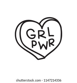 GRL PWR short quote. Girl Power cute hand drawing illustration for print, brochure, greeting card, bag, clothing. To stick on laptop, phone, wall. Modern motivational text, feminist tattoo trend