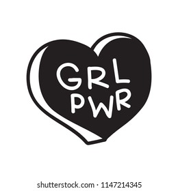 GRL PWR short quote. Girl Power cute hand drawing illustration for print, brochure, greeting card, bag, clothing. To stick on laptop, phone, wall. Modern motivational text, feminist tattoo trend