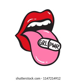 GRL PWR short quote. Girl Power cute hand drawing illustration for print, brochure, greeting card, bag, clothing. To stick on laptop, phone, wall. Modern motivational text, feminist tattoo trend