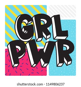 GRL PWR short quote. Girl Power cute hand drawing illustration for print, brochure, greeting card, bag, clothing. To stick on laptop, phone, wall. Modern motivational text, feminist tattoo trend