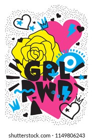 GRL PWR short quote. Girl Power cute hand drawing illustration for print, brochure, greeting card, bag, clothing. To stick on laptop, phone, wall. Modern motivational text, feminist tattoo trend