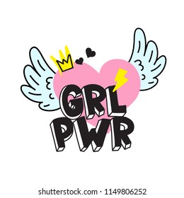 GRL PWR short quote. Girl Power cute hand drawing illustration for print, brochure, greeting card, bag, clothing. To stick on laptop, phone, wall. Modern motivational text, feminist tattoo trend